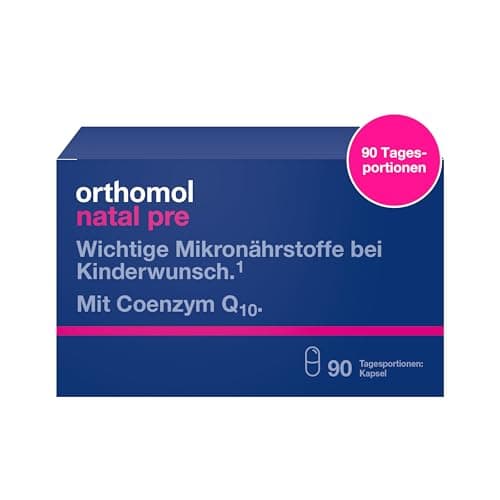 Dunkelblaue Faltschachtel Orthomol natal pre mit pinkem Störer, 90 Tagesportionen Kapseln, weißer Hintergrund
