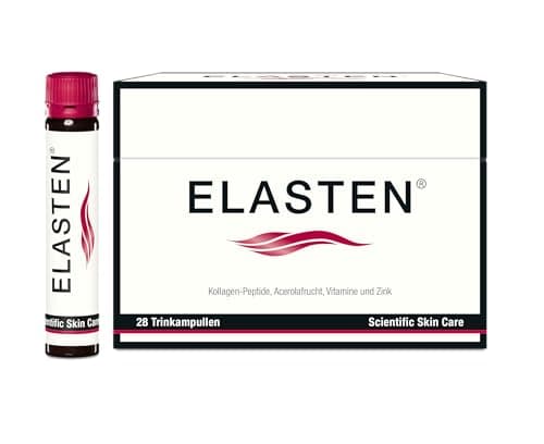 Elasten Verpackung mit 28 Trinkampullen und einzelner Ampulle mit rotem Deckel vor weißem Hintergrund