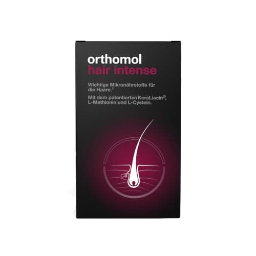 Schwarz-pinke Faltschachtel Orthomol hair intense mit Haarwurzel-Grafik vor weißem Hintergrund