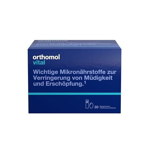 Blaue Faltschachtel Orthomol vital mit 30 Tagesportionen, Trinkfläschchen und Kapseln, weißer Hintergrund