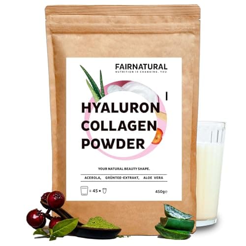Braune Standbeutel-Verpackung Fairnatural Hyaluron Collagen Powder mit Glas, Acerola-Kirschen und Aloe vera