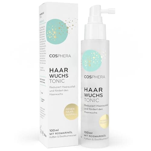 Weiße Sprühflasche Cosphera Haarwuchs Tonic 100 ml neben passender Faltschachtel vor weißem Hintergrund