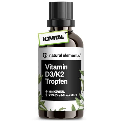 Braune Tropfflasche natural elements Vitamin D3/K2 Tropfen mit K2VITAL-Banner vor weißem Hintergrund