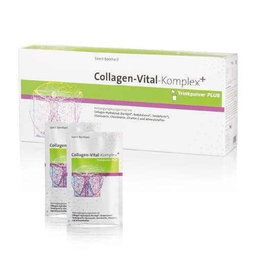 Weiße Verpackung Sanct Bernhard Collagen-Vital-Komplex Trinkpulver mit zwei Portionsbeuteln davor, weißer Hintergrund