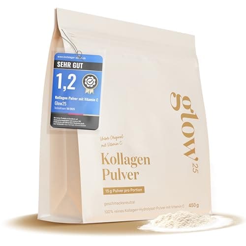 Beiger Standbodenbeutel Glow25 Kollagen Pulver 450 g mit Testsiegel-Anhänger, weißes Pulver davor