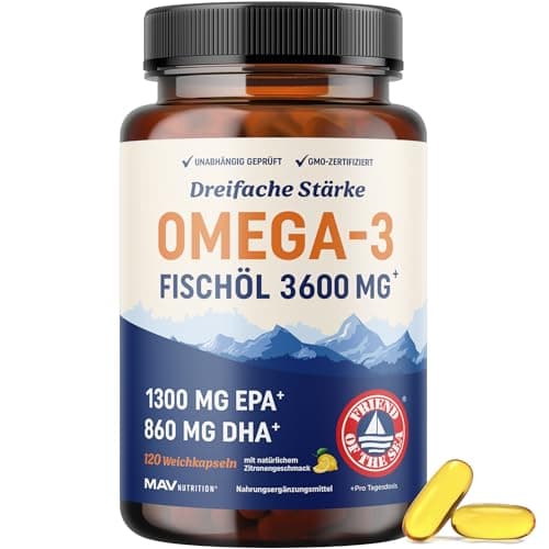 Omega 3 Kapseln Hochdosiert 3600 mg | EPA & DHA | Über 2100 mg Omega-3-Fettsäuren | 1300 mg EPA + 860 mg DHA | Erstklassige essenzielle Fettsäuren | Wild gefangene Omega 3 | 120 Stück