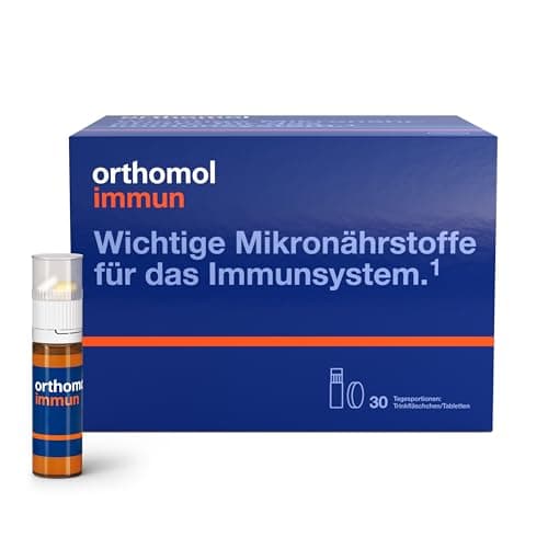 Blaue Orthomol Immun Verpackung mit 30 Tagesportionen und braunem Trinkfläschchen davor, weißer Hintergrund