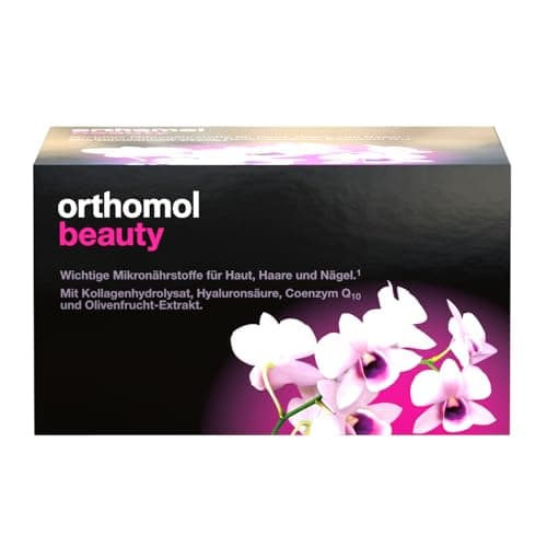 Schwarz-pinke Faltschachtel „orthomol beauty“ mit Orchideenblüten, Schrägansicht auf weißem Hintergrund