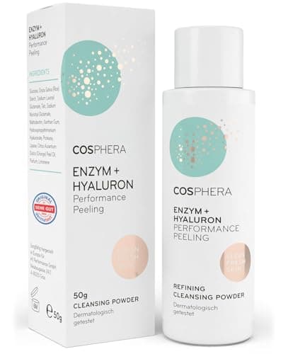 Cosphera Enzym + Hyaluron Peeling, weiße Flasche mit 50 g Pulver neben Faltschachtel