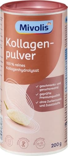 Rosa-weiße Dose Mivolis Kollagenpulver mit Löffelabbildung, 200 g, vor weißem Hintergrund