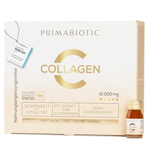 Beige Verpackung Primabiotic Collagen mit Anhänger und daneben stehendem kleinen Trinkfläschchen
