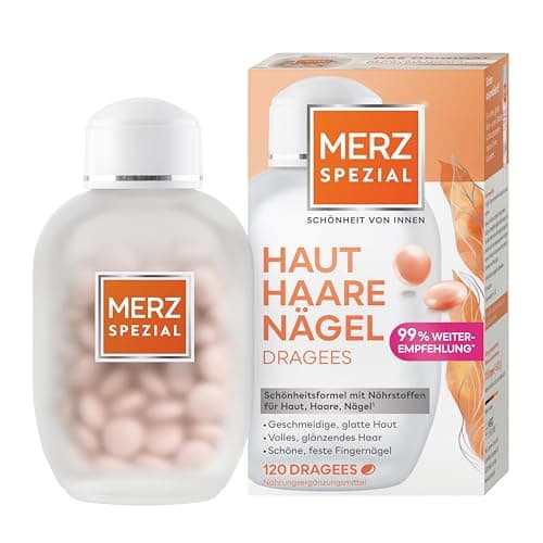 Merz Spezial Haut Haare Nägel Dragees, weiße Flasche neben Faltschachtel vor weißem Hintergrund