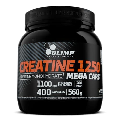 Schwarze Dose Olimp Creatine 1250 Mega Caps, 400 Kapseln, weißer Hintergrund