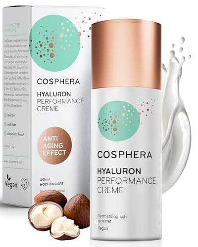 Cosphera - Hyaluron Performance Creme 50 ml - vegane Tages- und Nachtcreme hochdosiert für Gesicht, Hals, Dekolleté, Augen - Anti-Falten Feuchtigkeitsbehandlung für Frauen und Männer