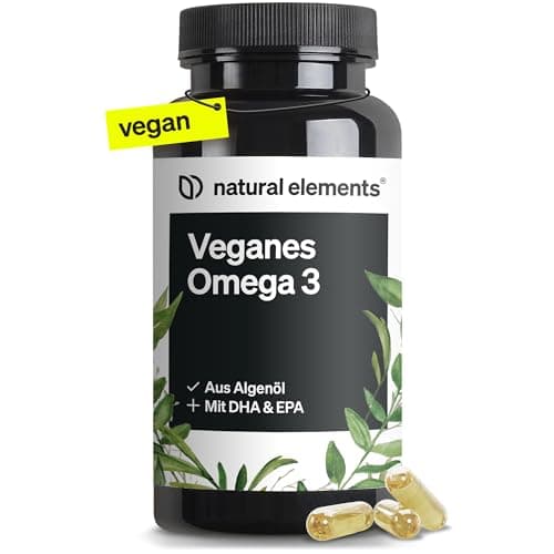 Braune Dose natural elements Veganes Omega 3 mit gelbem vegan-Aufkleber, drei Kapseln davor