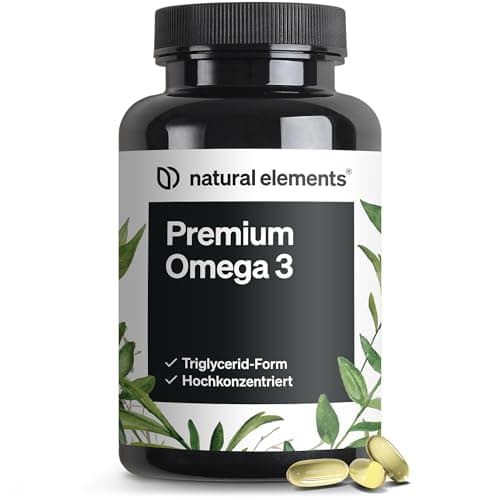 Schwarze Dose „natural elements Premium Omega 3“ mit zwei gelben Kapseln davor, weißer Hintergrund