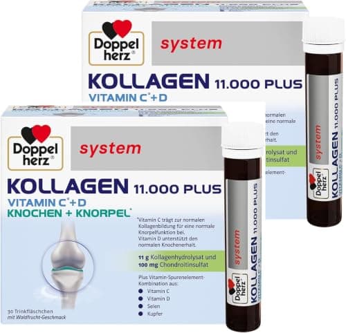 Zwei Doppelherz system Kollagen 11.000 Plus Verpackungen mit je einem Trinkfläschchen davor