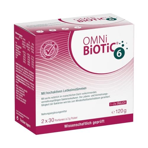 Weiß-pinke Faltschachtel OMNi-BiOTiC 6 mit Pulverportionen, 120 g, vor weißem Hintergrund