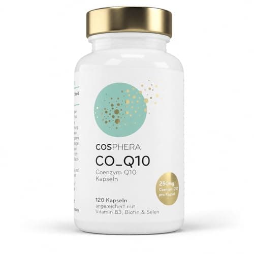 Weiße Dose mit goldenem Deckel, Cosphera CO_Q10 Kapseln, vor weißem Hintergrund