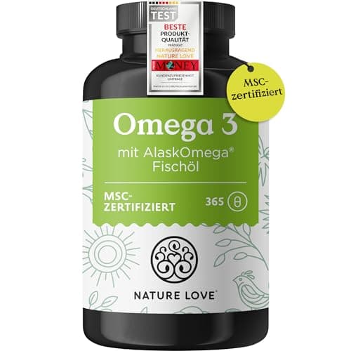 Nature Love Omega 3 - hochdosiert mit 650mg Omega 3 Fettsäuren pro Tagesdosis - 365 kleine Kapseln mit Spitzenrohstoff AlaskOmega® (MSC-zertifiziert) - ohne Zusätze in Deutschland produziert