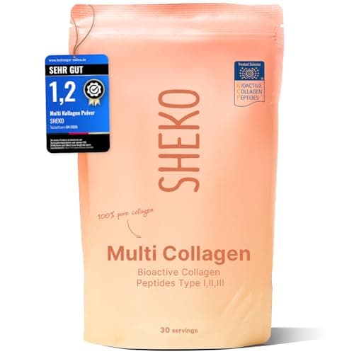 Standbeutel in Orange-Verlauf mit SHEKO Multi Collagen, Testsiegel „Sehr gut 1,2“, weißer Hintergrund