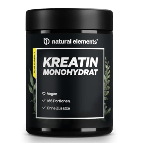 Schwarze Dose natural elements Kreatin Monohydrat mit gelbem Streifen vor weißem Hintergrund