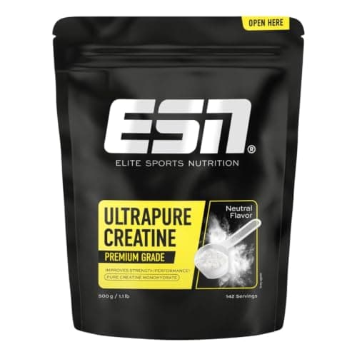 Schwarzer Standbeutel ESN Ultrapure Creatine, 500 g, gelbes Etikett, weißer Hintergrund
