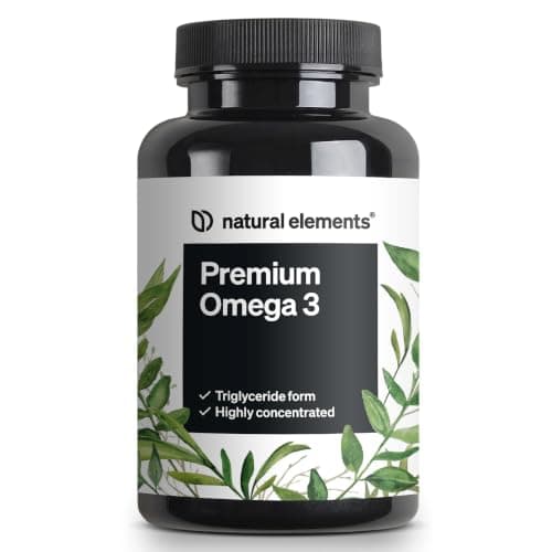 Schwarze Dose natural elements Premium Omega 3 mit Blätter-Motiv vor weißem Hintergrund
