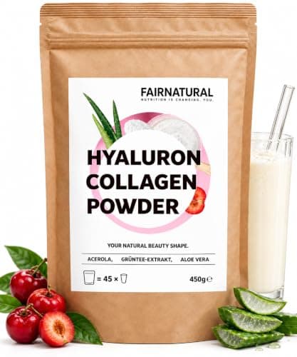 Braune Standbodenbeutel Fairnatural Hyaluron Collagen Powder mit Acerola, Aloe Vera und Getränkeglas vor Weiß