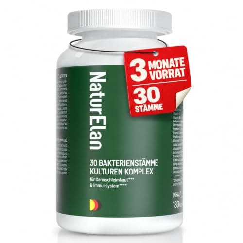 Grüne Dose NaturElan Kulturen Komplex mit weißem Deckel, roter Störer „3 Monate Vorrat