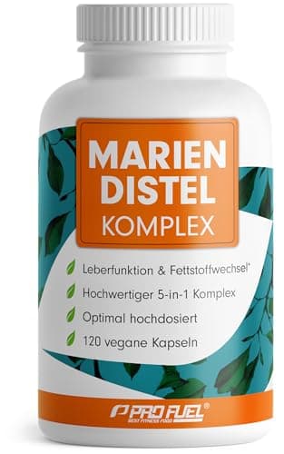 Weiße Dose Mariendistel Komplex von ProFuel mit 120 veganen Kapseln, türkises Etikett