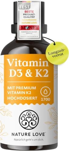 Braune Tropfflasche Nature Love Vitamin D3 & K2 mit gelbem Etikett, weißer Hintergrund
