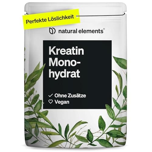 natural elements Creatin Monohydrat - 500g ultrafeines Pulver (Meshfaktor 200) - 166 Portionen reines Kreatin - hochdosiert - vegan, ohne unnötige Zusätze - in Deutschland entwickelt & laborgeprüft