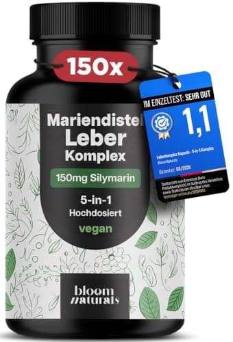 Bloom Naturals Beauty Supplements Mariendistel Leber Komplex hochdosiert 150 Kapseln 5-in-1