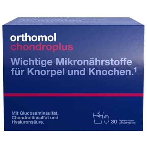 Blaue Faltschachtel Orthomol chondroplus mit 30 Tagesportionen Granulat/Kapseln, weißer Hintergrund