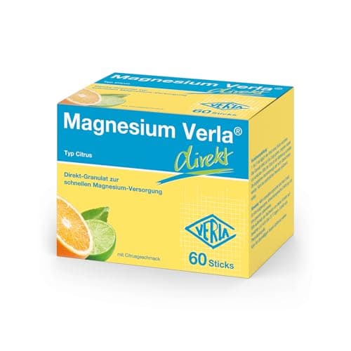 Gelb-blaue Faltschachtel Magnesium Verla direkt Typ Citrus, 60 Sticks, mit Zitrusfrüchten, weißer Hintergrund