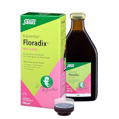 Salus Floradix Kräuterblut mit Eisen, Faltschachtel, braune Flasche 700 ml und gefüllter Messbecher