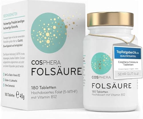 Cosphera Folsäure Faltschachtel und weiße Dose mit 180 Tabletten, weißer Hintergrund