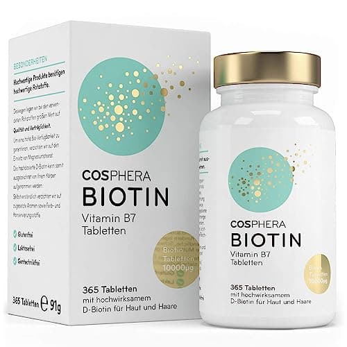 Weiße Faltschachtel und Dose Cosphera Biotin Vitamin B7 Tabletten vor weißem Hintergrund