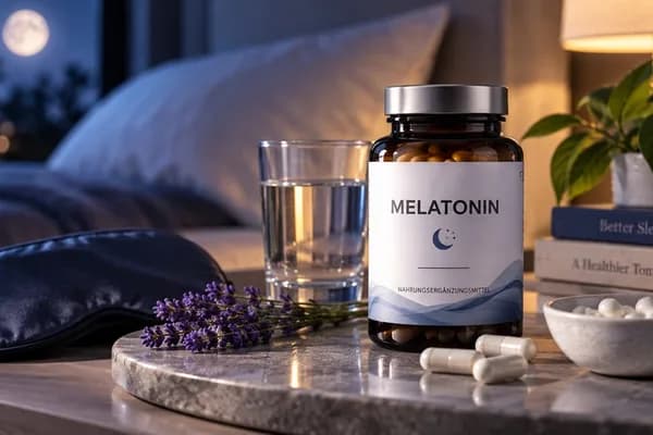 Melatonin Präparate Vergleich mit einer Melatonin-Nahrungsergänzungsmittel-Dose, Melatonin-Kapseln, Wasserglas, Schlafmaske und Lavendel in einer ruhigen Schlafzimmerumgebung bei warmem Licht - ideal für den Vergleich der besten Melatonin Präparate und Nahrungsergänzungsmittel zur Unterstützung des natürlichen Schlaf-Wach-Rhythmus