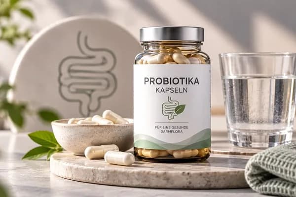 Modern inszenierte Probiotika-Kapseln auf einer hellen Steinplatte mit geöffneter Nahrungsergänzungsmittel-Dose, weiteren Kapseln, Wasserglas und dezenter Darm-Illustration im Hintergrund - Motiv zum Vergleich von Probiotika und Produkten für die Darmflora.