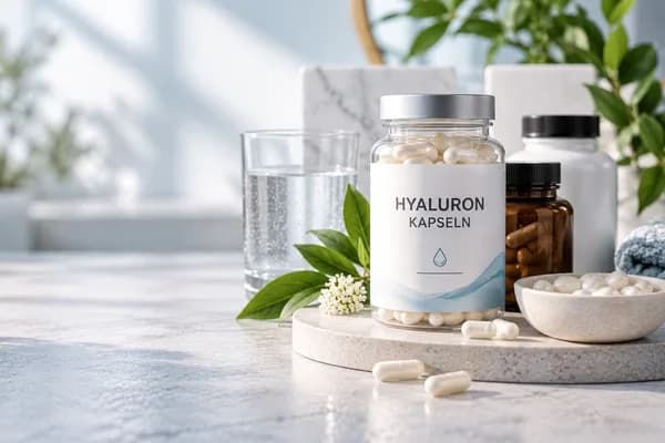 Hyaluron Kapseln Vergleich mit Hyaluronsäure-Kapseln in einer Nahrungsergänzungsmittel-Dose, weißen Kapseln, Wasserglas und natürlicher Dekoration auf einer hellen Marmoroberfläche - ideal für den Vergleich der besten Hyaluron-Kapseln zur Unterstützung von Haut, Feuchtigkeit und einem gepflegten Hautbild