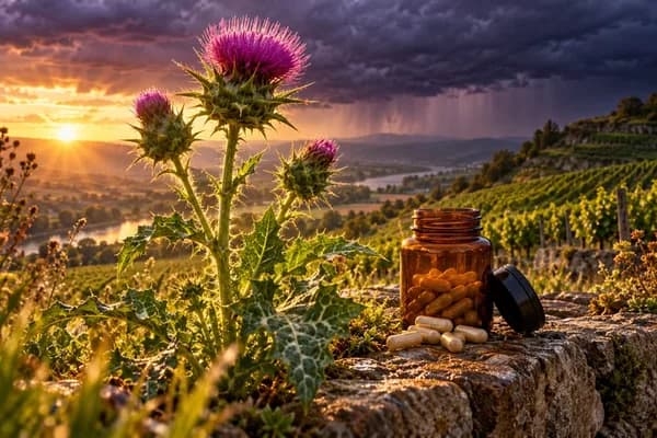 Mariendistel-Kapseln im geöffneten Braunglas neben einer blühenden Mariendistel mit violetten Blüten auf einer Natursteinmauer in den Weinbergen des Kaiserstuhls