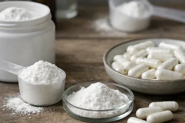 Weißes Pulver in Messlöffel, Glasschale und Dose neben weißen Kapseln auf Holztisch