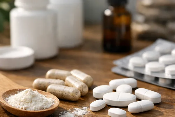 Kapseln, weiße Tabletten und Pulver auf Holzlöffel vor Dosen, Tropfflasche und Blister