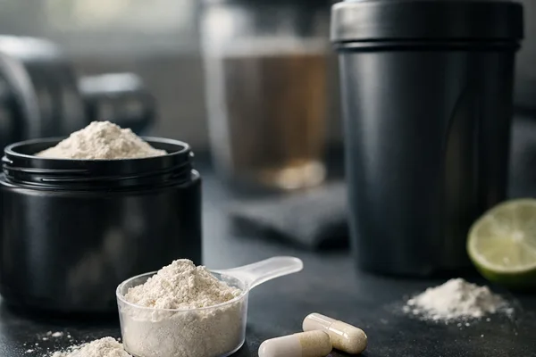 Messlöffel mit weißem Pulver, schwarze Dose, Shaker, zwei Kapseln und Limettenhälfte auf dunkler Fläche