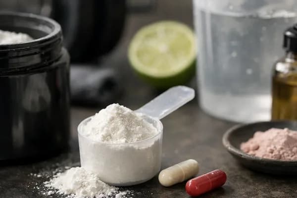 Messlöffel mit weißem Pulver, zwei Kapseln, Dose, Wasserglas, Limette und Hantel im Hintergrund