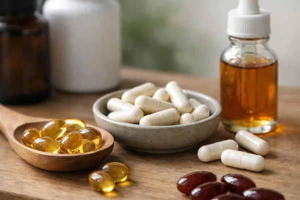 Weiße Kapseln in Schale, gelbe und rote Softgels, Tropfflasche und Dosen auf Holzbrett