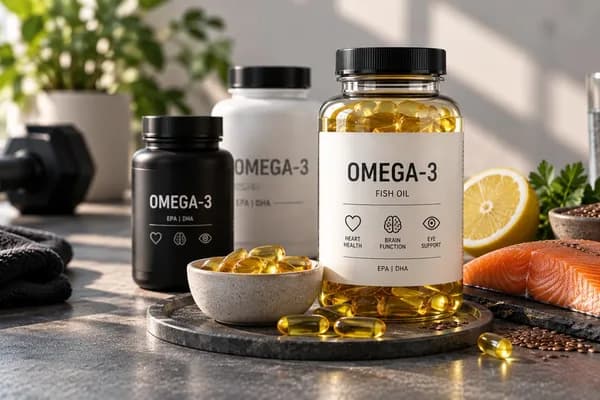 Omega-3 Vergleich: Fischöl-Kapseln und Omega-3 Nahrungsergänzungsmittel mit EPA und DHA neben Lachs, Zitrone und Leinsamen
