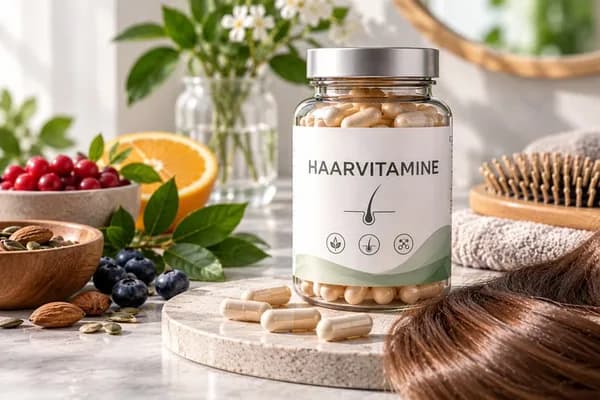 Haarvitamine Vergleich mit einer Dose Haarvitamine und Kapseln, umgeben von Beeren, Orange, Nüssen, Kürbiskernen, grünen Blättern und einer Haarbürste neben glänzendem braunem Haar - ideal für den Vergleich der besten Haarvitamine und Nahrungsergänzungsmittel für Haare